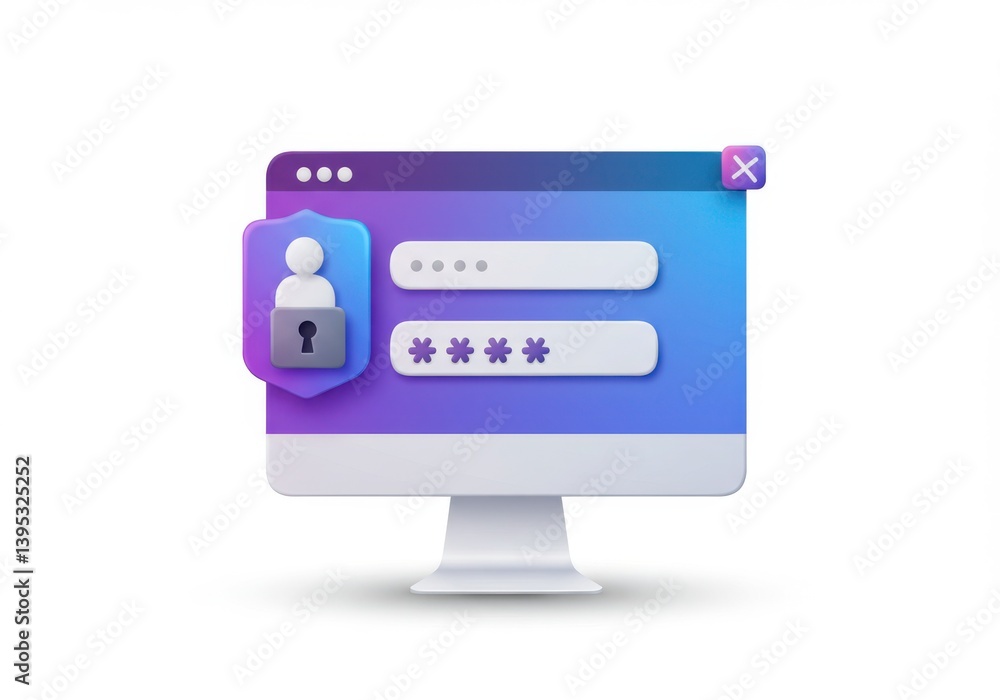 Poster login interface on computer screen with security shield isolated on white background