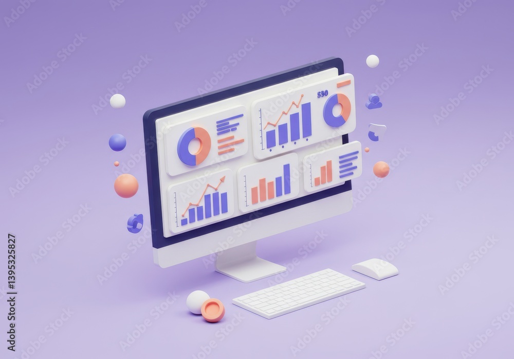 Aufkleber computer display with charts and keyboard on light purple
