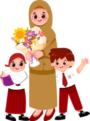 Smiling Mother in Hijab with Schoolchildren and Flowers