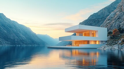 Fototapeta premium Modern minimalist house on a lake, nestled between mountains