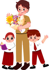 Joyful Teacher with Students and Bouquet, School Celebration Illustration