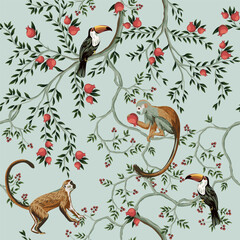 Pomegranate trees, bird, toucan, monkey animal summer floral seamless pattern. Tropical landscape wallpaper.  © good_mood