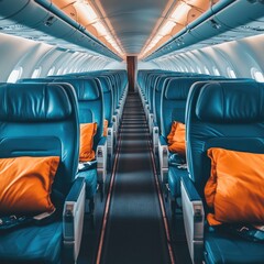 Airplane cabin interior, rows of seats