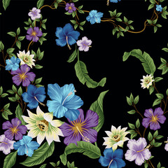 Tropical vintage exotic hibiscus flower, lotus, palm leaves floral seamless pattern black background. Hawaiian jungle wallpaper.