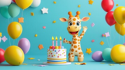 Obraz premium Happy Cartoon Giraffe Celebrating Birthday with Colorful Cake