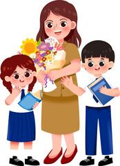Happy Teacher's Day:  Smiling Teacher with Flowers and Grateful Students