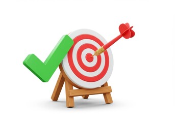 Dart hitting center of target with green check mark beside isolated on white background