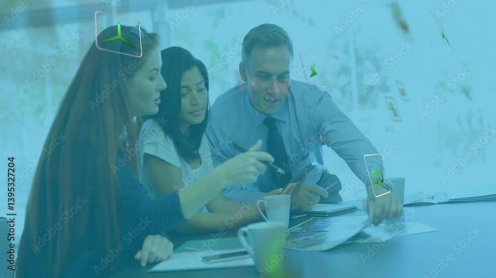 Aufkleber business team discussing documents with digital data processing animation overlay