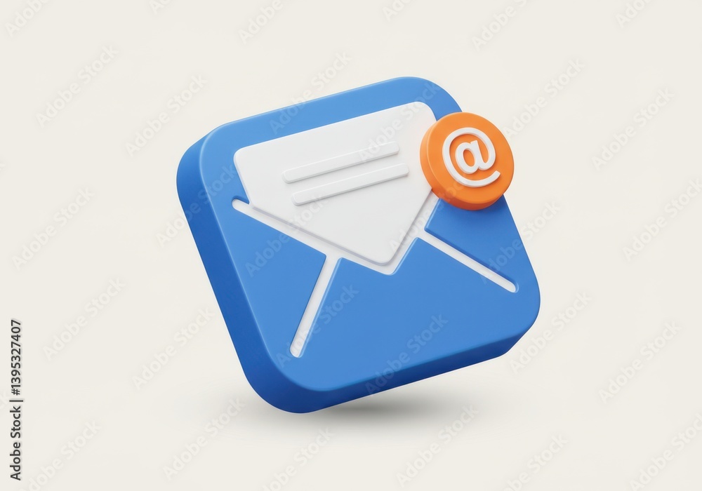 Poster blue envelope with at symbol for new message notification isolated on white background