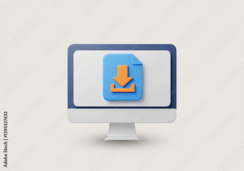 Poster computer screen showing a file with a download arrow icon isolated on white background