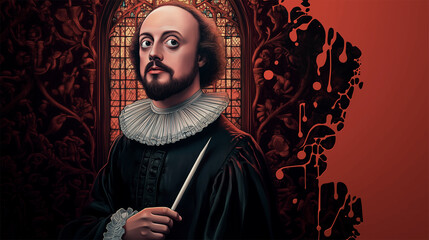 William Shakespeare Pop art caricature, stylized Elizabethan attire, comic book style with dramatic red and black contrast, surreal ink splash patterns
