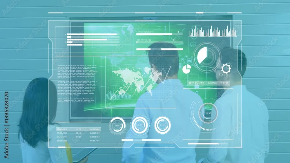 Poster analyzing digital data and graphs, people using transparent screen in school setting