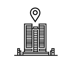 High-rise building with a location pin on top on a clean, minimalist background