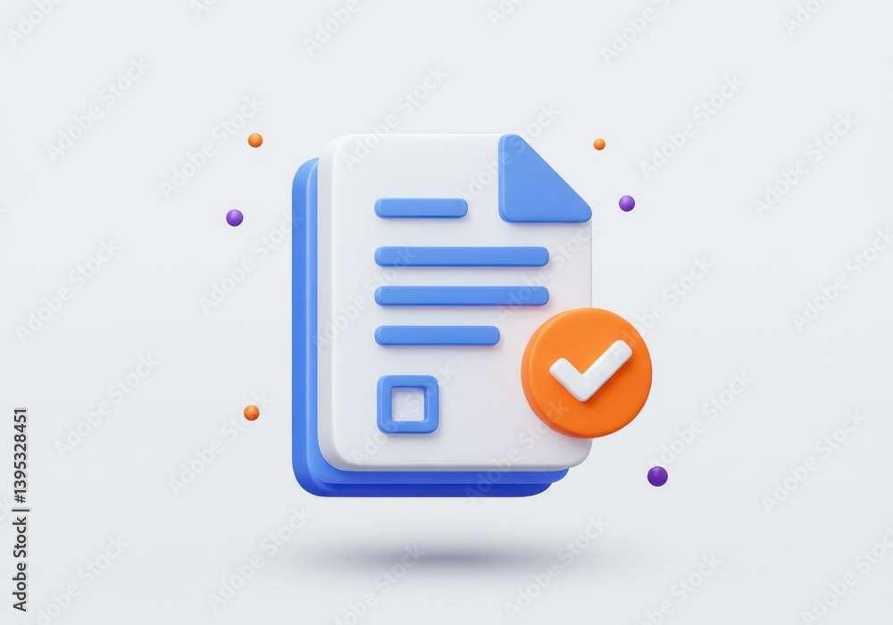 Poster document with check mark icon in orange color concept art isolated on white background