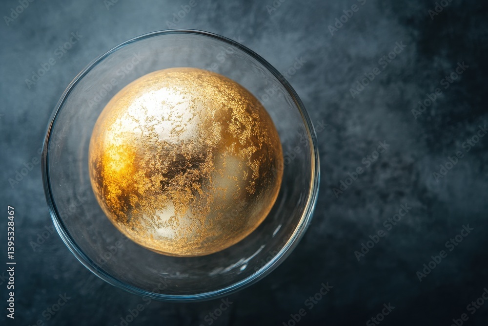 Poster golden sphere resting in a clear glass bowl on a textured dark surface, showcasing its reflective su