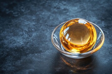 Bright amber oil in a glass dish on a dark countertop reflects light beautifully for culinary use