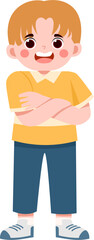 Smiling Boy with Crossed Arms in Yellow Shirt and Blue Pants