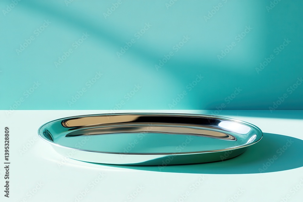 Poster Shiny metal tray on a turquoise background with soft lighting creating subtle reflections