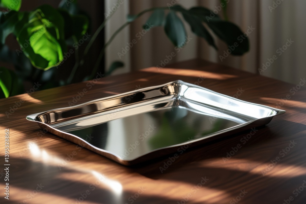 Aufkleber stylish silver tray on a wooden table with natural light creating shadows in a cozy setting