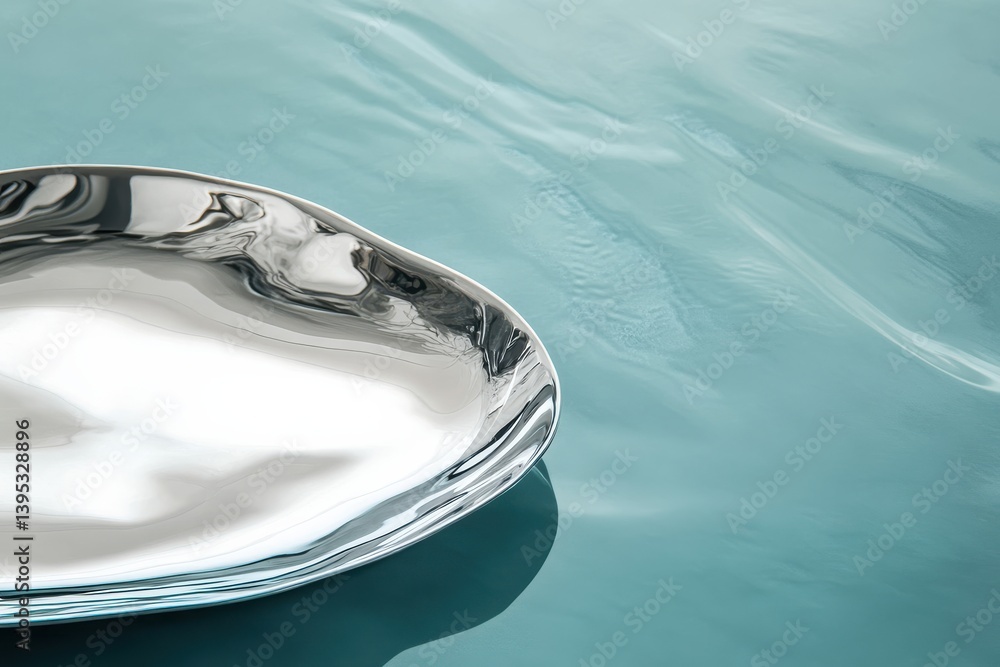 Poster elegant silver platter resting on calm turquoise water reflecting light in a serene setting