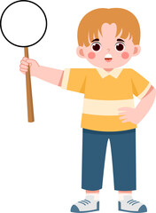 Boy Holding Blank Round Sign, Casual Summer Outfit, Illustration