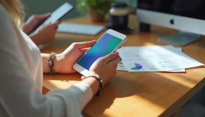 A focused individual holds a smartphone displaying a vibrant gradient while another person uses a device in the background. This dynamic scene captures the essence of modern work, showcasing