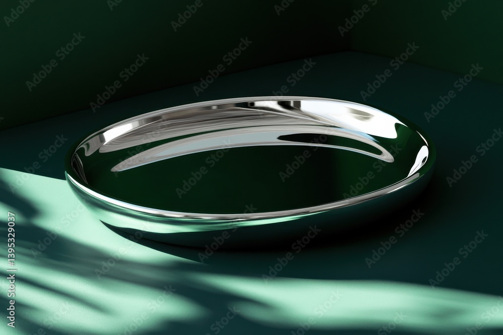 Poster Stylish reflective tray placed on a green surface with soft shadows creating an elegant atmosphere