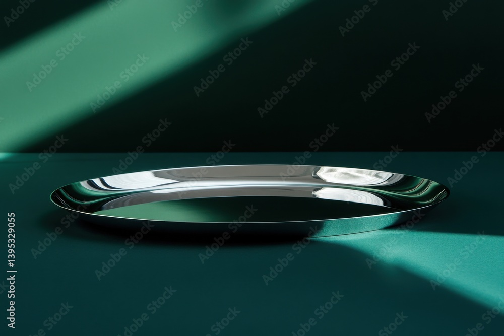 Poster reflective metal tray rests on green surface illuminated by natural light in a tranquil setting