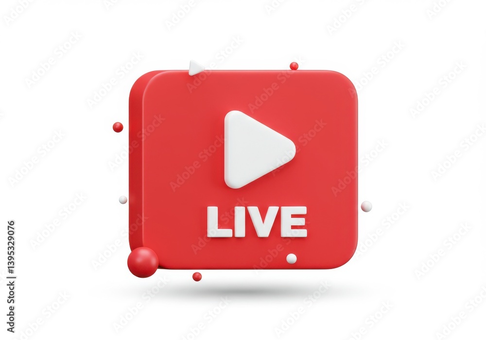 Poster red square with play button and live text isolated on white background