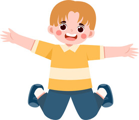 Joyful Boy in Yellow Shirt Kneeling, Arms Outstretched