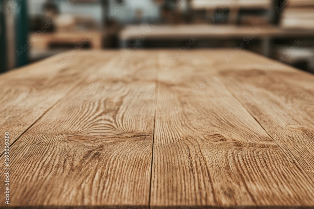 Aufkleber rustic raw wood tabletop showcasing natural grain in blurred workshop background