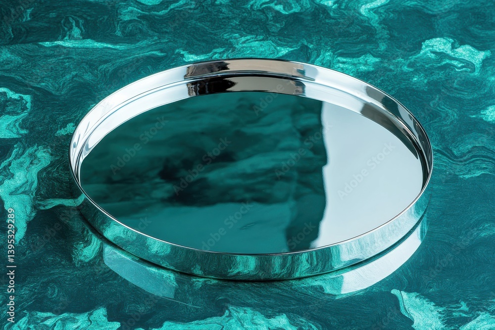 Poster Reflective tray resting on a turquoise surface displaying intricate patterns and textures in natural light