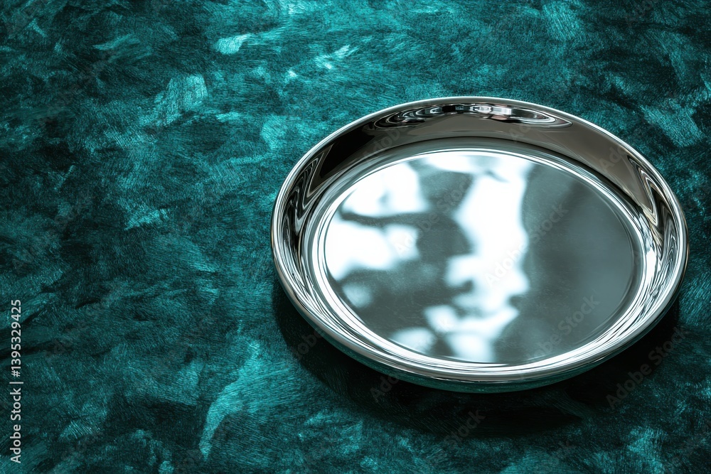 Poster Reflective silver tray placed on a plush teal surface capturing light patterns during afternoon hours