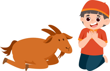Joyful Boy Kneeling Beside Gentle Brown Goat for Idul Adha Celebration