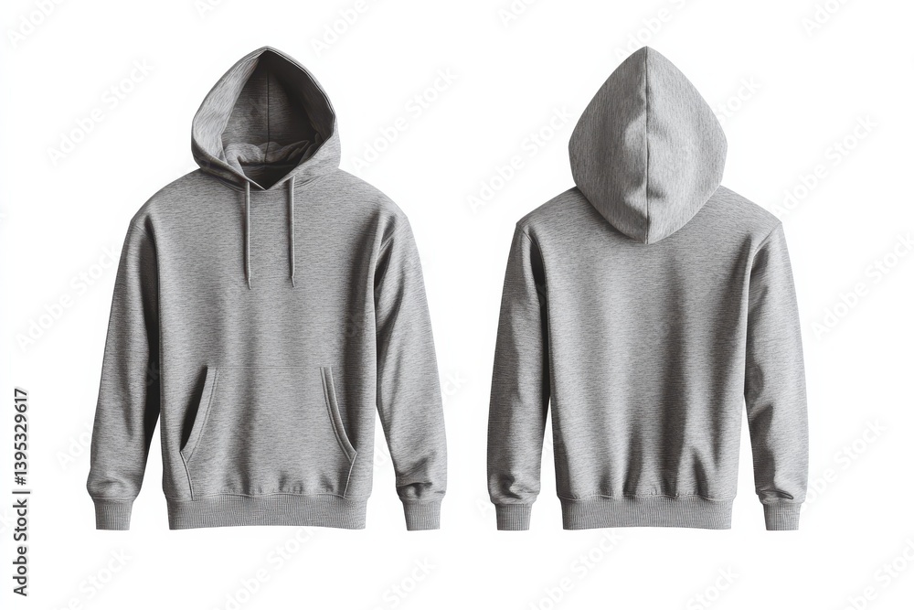 Poster gray hoodie with a front pocket and side view showcasing a comfortable design suitable for casual we