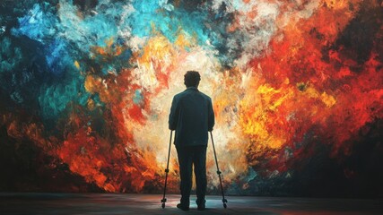 A man on crutches gazes at a vibrant, abstract painting; art as inspiration.