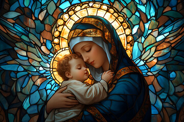 Stained glass art of Virgin Mary with baby Jesus embracing in warm glow
