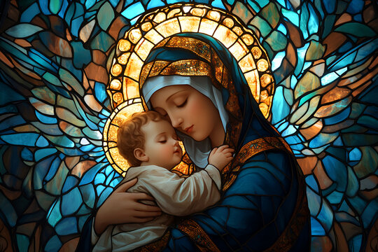 Stained glass art of Virgin Mary with baby Jesus embracing in warm glow