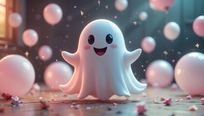 Obraz premium Playful Ghost with Pink Balloons in a Festive Setting