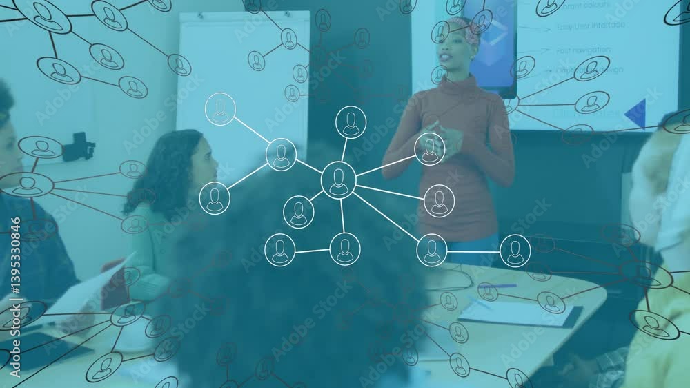 Poster network of connections and data processing animation over diverse business meeting