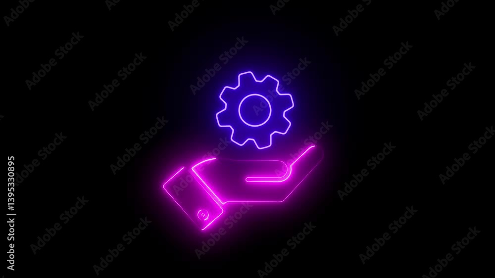 Poster glowing neon hand holding gear icon on transparent background animation . gears setting icon animati