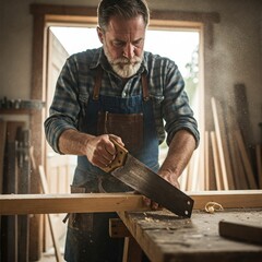 A carpenter uses a hand saw to cut wood in a sunlit workshop, with sawdust in the air and a focus on craftsmanship.