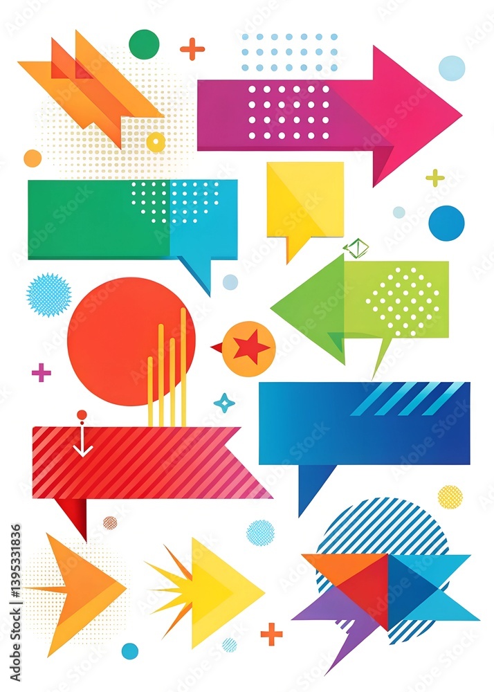 Poster colorful pop art banner collection featuring dynamic communication elements in various shapes and pa
