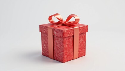 Obraz premium Red Gift Box With Coral Ribbon And Bow On White Background
