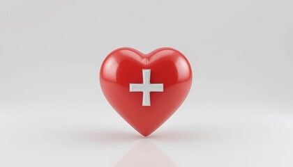 Obraz premium Red Glossy 3D Heart Featuring A White Plus Sign On A White Background