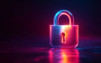 Fototapeta premium Futuristic 3D padlock glowing in chromatic light, blockchain security theme, tranquil background colors, vibrant digital protection concept