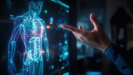 Futuristic human body scan with a hand interacting with the holographic image.