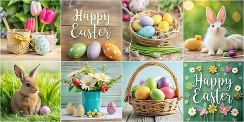 Bright and colorful collage showcasing spring elements and Easter themes with bunnies, eggs, and flowers celebration, happy, holidays, nature, animals, texture, seasonal,