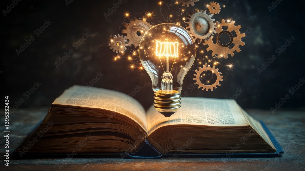 Poster Glowing lightbulb above open book with gears, symbolizing knowledge, innovation, and ideas. (1)