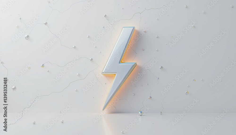 Poster silver lightning bolt 3d render on white background with sparkles